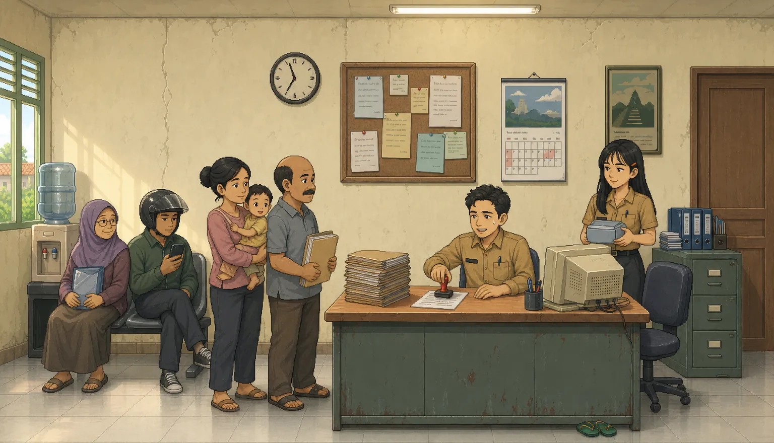 Ilustrasi ruang loket kelurahan: warga mengantre di kursi tunggu, petugas berseragam khaki menstempel berkas di meja, rekannya membawa kotak arsip di belakang.