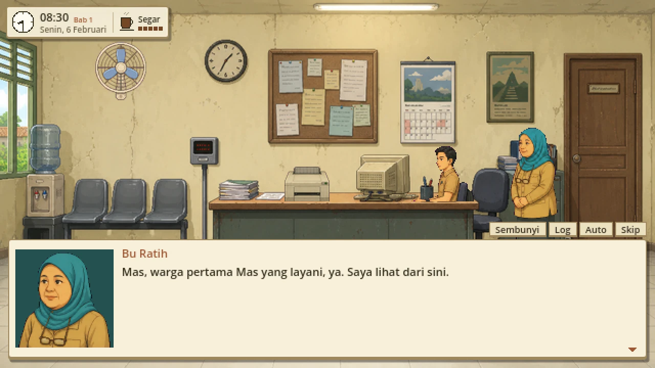 Hari pertama, Bu Ratih mengawasi dari belakang.
