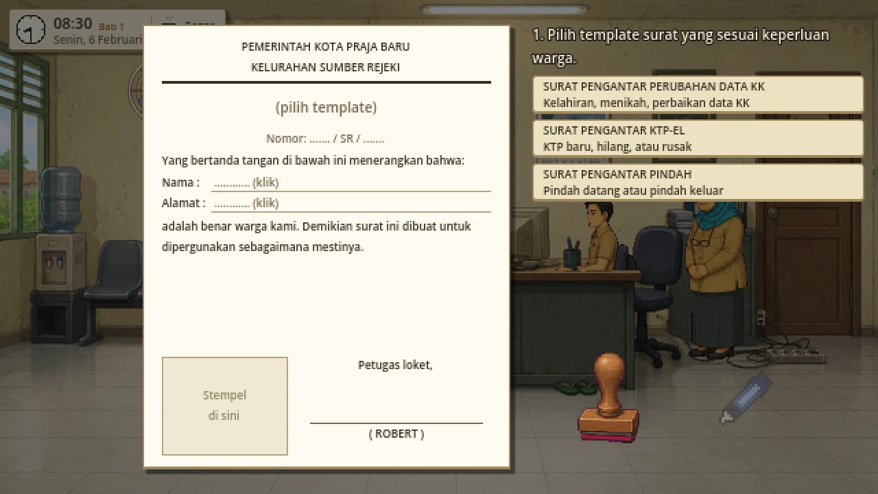Pilih templat surat, isi, stempel, paraf.